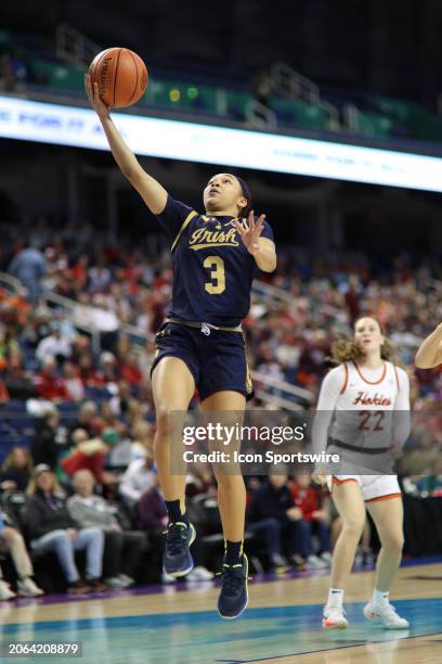 Notre Dame Fighting Irish guard Hannah Hidalgo goes up for a layup during the college basketball game between the Notre Dame Fighting Irish and...
