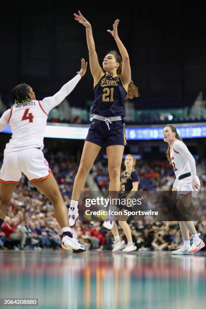 Notre Dame Fighting Irish forward Maddy Westbeld shoots a three point basket over Virginia Tech Hokies forward Rose Micheaux during the college...