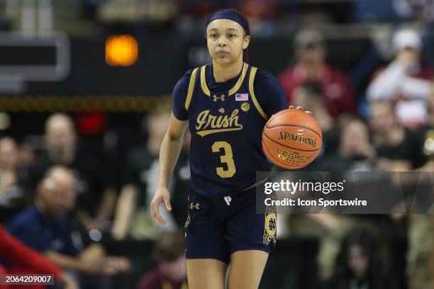 Notre Dame Fighting Irish guard Hannah Hidalgo brings the ball up court during the college basketball game between the Notre Dame Fighting Irish and...