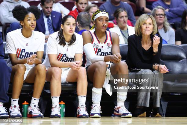 Injured UConn Huskies forward Aaliyah Edwards returns to the bench with nosebleed plugs during the Women's Big East Tournament quarterfinals game...