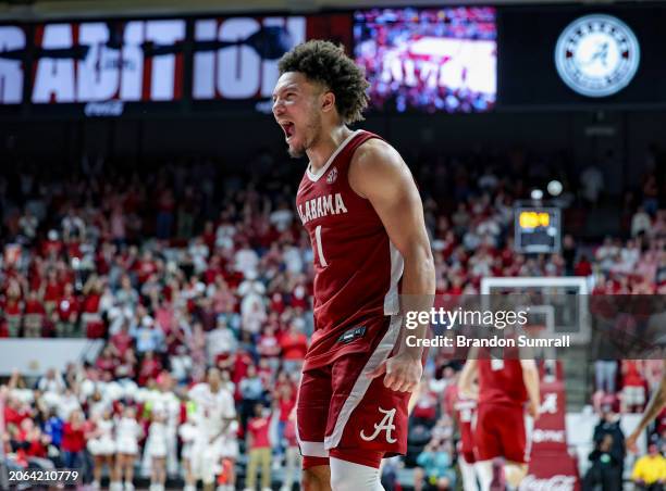 Mark Sears of the Alabama Crimson Tide celebrates and overtime victory over the Arkansas Razorbacks at Coleman Coliseum on March 9, 2024 in...