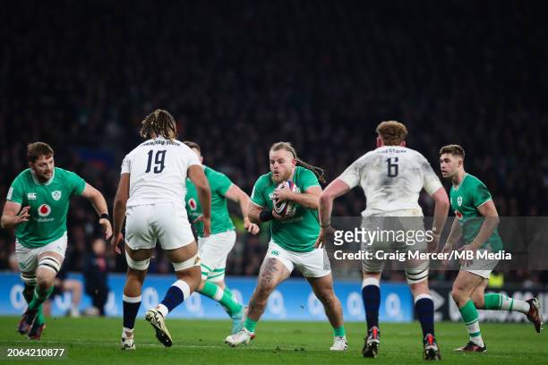 Finlay Bealham of Ireland on the charge during the Guinness Six Nations 2024 match between England and Ireland at Twickenham Stadium on March 9, 2024...