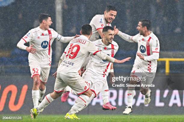 Dany Mota of Monza celebrates with his team-mates after scoring a goal during the Serie A TIM match between Genoa CFC and AC Monza at Stadio Luigi...