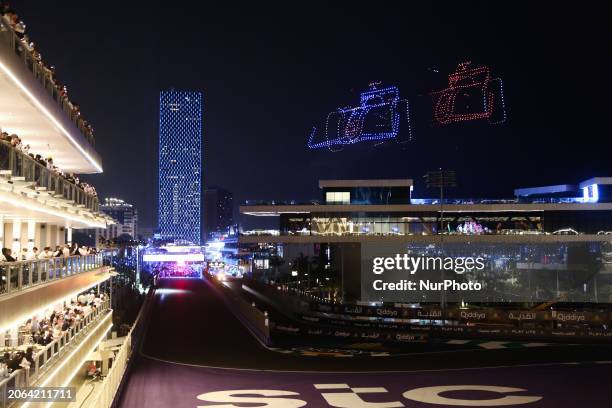 Drone show before the Formula 1 Saudi Arabian Grand Prix at Jeddah Corniche Circuit in Jeddah, Saudi Arabia on March 9, 2024.
