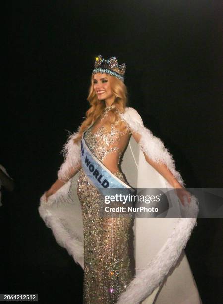 Krystyna Pyszkova is posing for a photoshoot after winning the 71st Miss World pageant in Mumbai, India, on March 9, 2024.