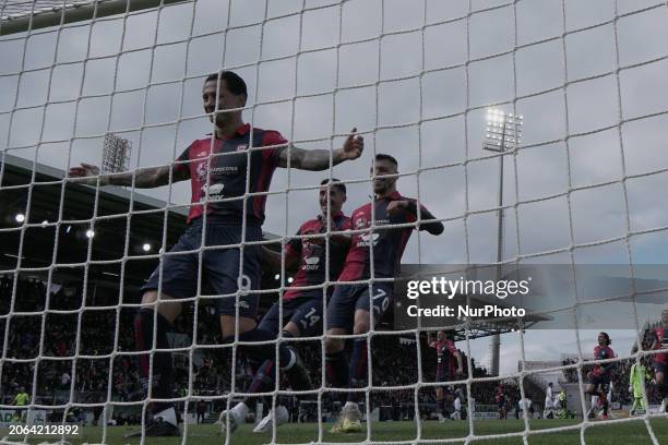 Gianluca Lapadula is celebrating a goal during the Serie A TIM match between Cagliari Calcio and US Salernitana in Italy, on March 8, 2024.