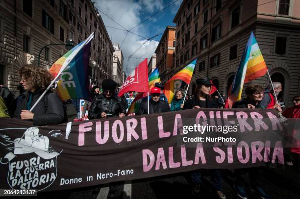 People are participating in a demonstration organized by the Network for Disarmament and the CGIL trade union for the freedom to demonstrate, for a...