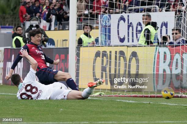 Eldor Shomurodov is scoring a goal during the Serie A TIM match between Cagliari Calcio and US Salernitana in Italy, on March 8, 2024.