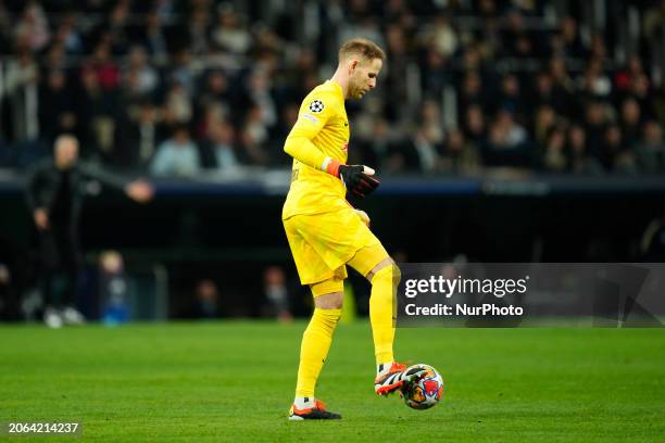 Peter Gulacsi goalkeeper of RB Leipzig and Hungary during the UEFA Champions League 2023/24 round of 16 second leg match between Real Madrid CF and...