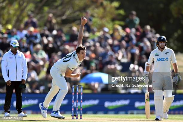 Pat Cummins of Australia bowls during day three of the Second Test in the series between New Zealand and Australia at Hagley Oval on March 10, 2024...