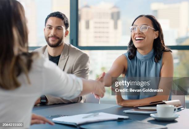 happy business people, contract or shaking hands for recruitment, collaboration or teamwork. handshake, partnership or proud employees in corporate agreement for meeting success, welcome or thank you - recrutamento imagens e fotografias de stock