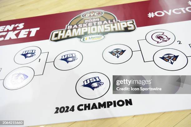 Southern Indiana Screaming Eagles logo is seen in the 2024 champion spot on the Women's bracket banner at the conclusion of the Ohio Valley...