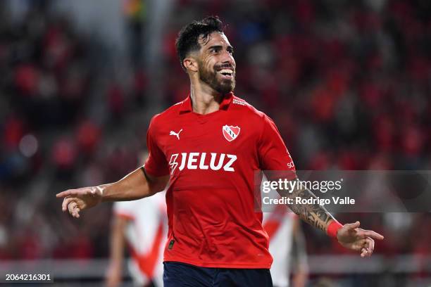 Gabriel Avalos of Independiente celebrates after scoring his team's first goal during a Copa de la Liga Profesional 2024 Group A match between...