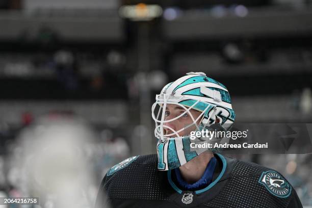 Devin Cooley of the San Jose Sharks during warmups against the Ottawa Senators at SAP Center on March 9, 2024 in San Jose, California.