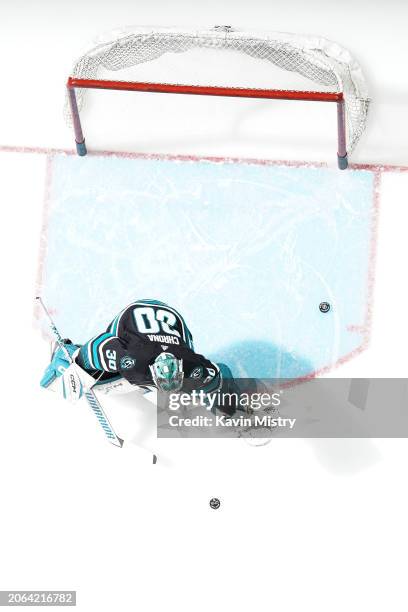 An overhead view as Magnus Chrona of the San Jose Sharks skates during warmups before the game against the Ottawa Senators at SAP Center on March 9,...