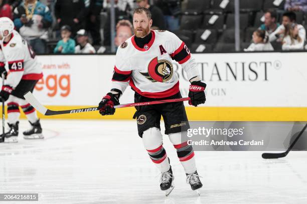 Claude Giroux of the Ottawa Senators warming up against the San Jose Sharks at SAP Center on March 9, 2024 in San Jose, California.