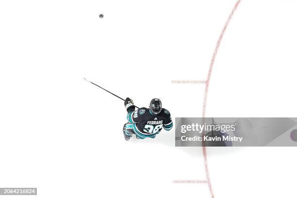 An overhead view as Mario Ferraro of the San Jose Sharks skates during warmups before the game against the Ottawa Senators at SAP Center on March 9,...