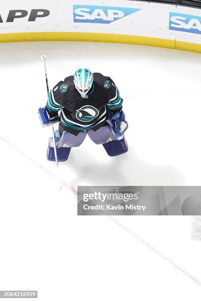 An overhead view as Devin Cooley of the San Jose Sharks skates during warmups before the game against the Ottawa Senators at SAP Center on March 9,...