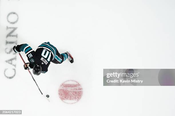 An overhead view as Klim Kostin of the San Jose Sharks skates during warmups before the game against the Ottawa Senators at SAP Center on March 9,...