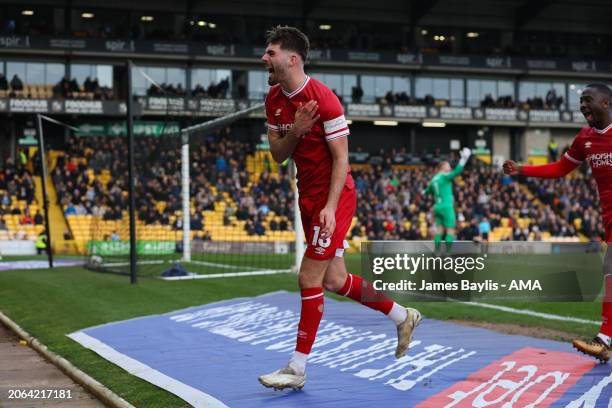 Tom Bloxham of Shrewsbury Town celebrates after scoring a goal to make it 0-2 during the Sky Bet League One match between Port Vale and Shrewsbury...