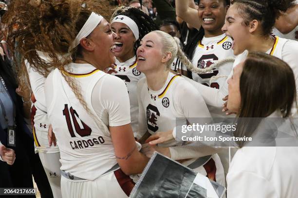 South Carolina Gamecocks center Kamilla Cardoso celebrates the victory with South Carolina Gamecocks forward Chloe Kitts during the SEC Women's...