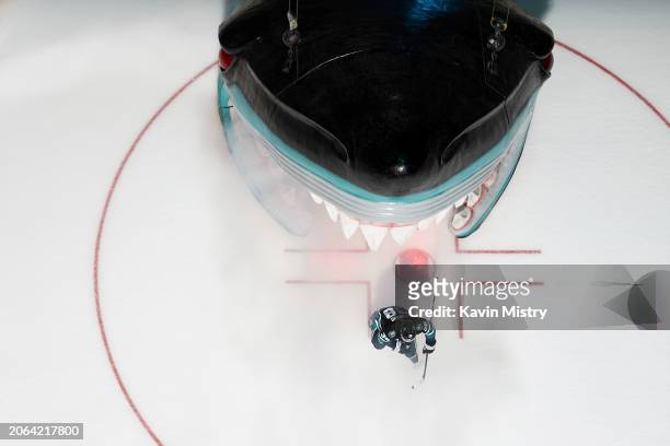 An overhead view as Mario Ferraro of the San Jose Sharks takes the ice before the game against the Ottawa Senators at SAP Center on March 9, 2024 in...