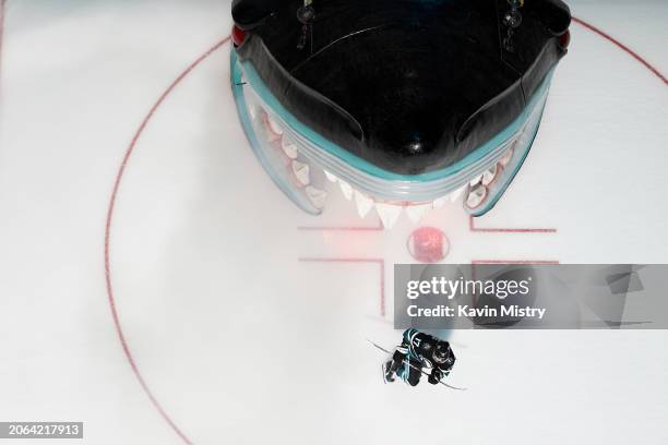 An overhead view as Thomas Bordeleau of the San Jose Sharks takes the ice before the game against the Ottawa Senators at SAP Center on March 9, 2024...