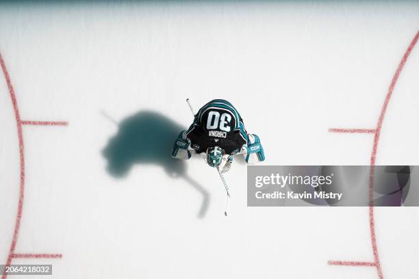 An overhead view as Magnus Chrona of the San Jose Sharks takes the ice before the game against the Ottawa Senators at SAP Center on March 9, 2024 in...