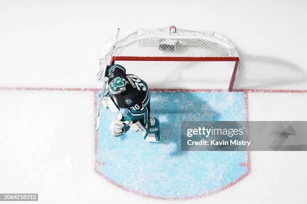 An overhead view as Magnus Chrona of the San Jose Sharks prepares to make s save in the first period against the Ottawa Senators at SAP Center on...