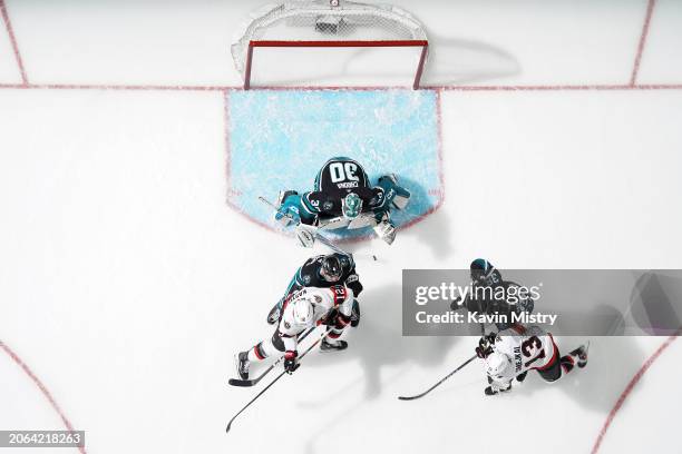 An overhead view as Magnus Chrona of the San Jose Sharks prepares to make s save in the first period against the Ottawa Senators at SAP Center on...