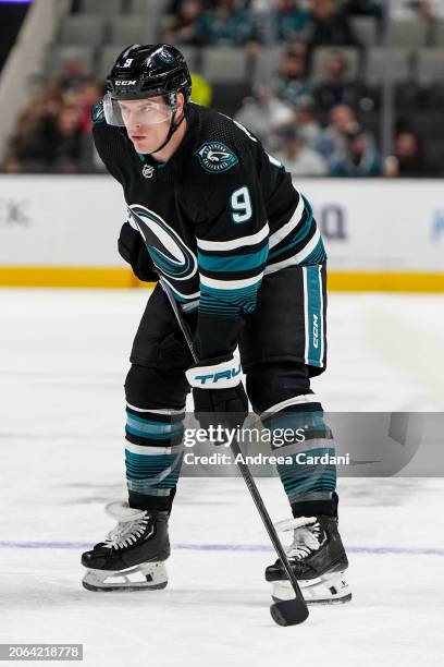 Jacob MacDonald of the San Jose Sharks skates with the puck in the first period against the Ottawa Senators at SAP Center on March 9, 2024 in San...