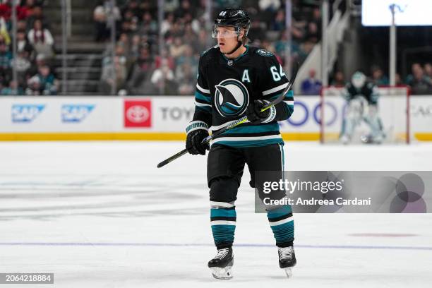 Mikael Granlund of the San Jose Sharks skates with the puck in the first period against the Ottawa Senators at SAP Center on March 9, 2024 in San...