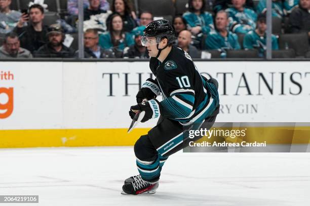 Klim Kostin of the San Jose Sharks skates with the puck in the first period against the Ottawa Senators at SAP Center on March 9, 2024 in San Jose,...