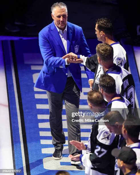 Brad Richards and Dave Andreychuk are inducted in to Tampa Bay Lightning Hall of Fame before the game between the Tampa Bay Lightning against the...