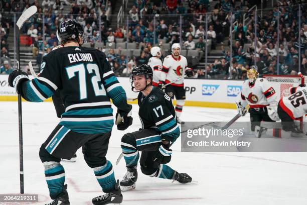 Thomas Bordeleau of the San Jose Sharks celebrates scoring a goal in the second period against the Ottawa Senators at SAP Center on March 9, 2024 in...