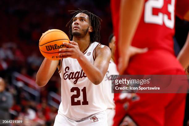 Boston College Eagles forward Devin McGlockton goes up with this free throw attempt during a mens college basketball game between the Boston College...