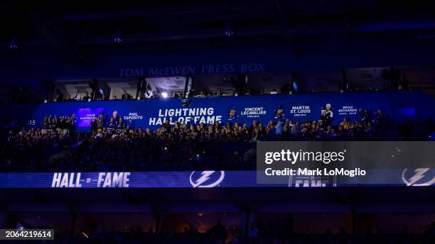 Brad Richards and Dave Andreychuk are inducted in to Tampa Bay Lightning Hall of Fame before the game between the Tampa Bay Lightning against the...