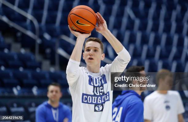 Spencer Johnson of the Brigham Young Cougars shoots during warmups before their game againsg the Oklahoma State Cowboy at the Marriott Center on...