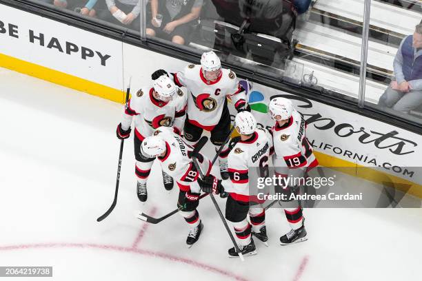 An overhead shot of Brady Tkachuk of the Ottawa Senators celebrating a goal in the second period against the San Jose Sharks at SAP Center on March...