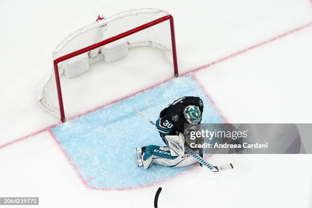 An overhead shot of Magnus Chrona of the San Jose Sharks stopping the puck in the second period against the Ottawa Senators at SAP Center on March 9,...