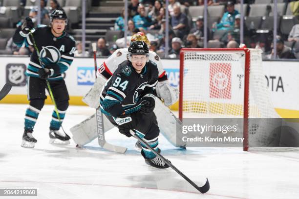 Alexander Barabanov of the San Jose Sharks skates after the puck in the second period against the Ottawa Senators at SAP Center on March 9, 2024 in...