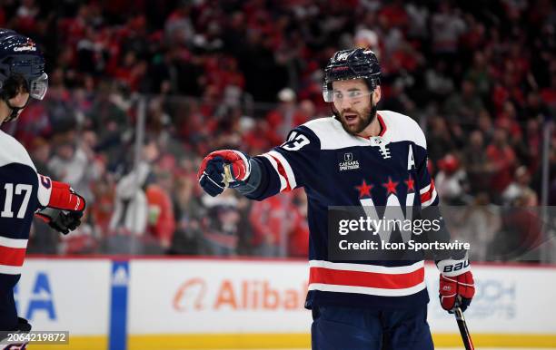 Capitals right wing Tom Wilson celebrates after his first period goal during the Chicago Blackhawks versus Washington Capitals National Hockey League...