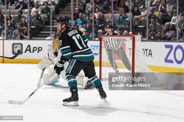 Thomas Bordeleau of the San Jose Sharks skates after the puck in the second period against the Ottawa Senators at SAP Center on March 9, 2024 in San...