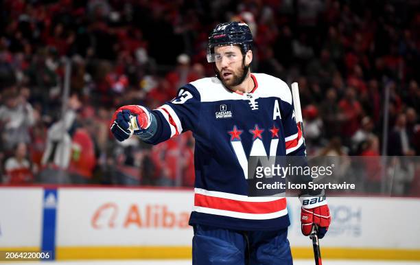 Capitals right wing Tom Wilson celebrates after his first period goal during the Chicago Blackhawks versus Washington Capitals National Hockey League...