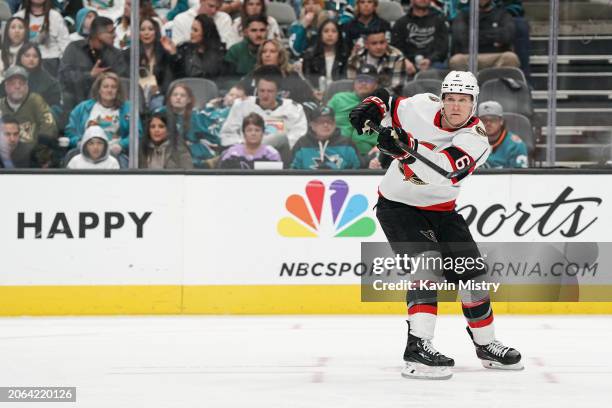 Jakob Chychrun of the Ottawa Senators passes the puck in the second period against the San Jose Sharks at SAP Center on March 9, 2024 in San Jose,...