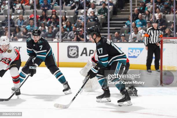 Thomas Bordeleau of the San Jose Sharks skates after the puck in the second period against the Ottawa Senators at SAP Center on March 9, 2024 in San...