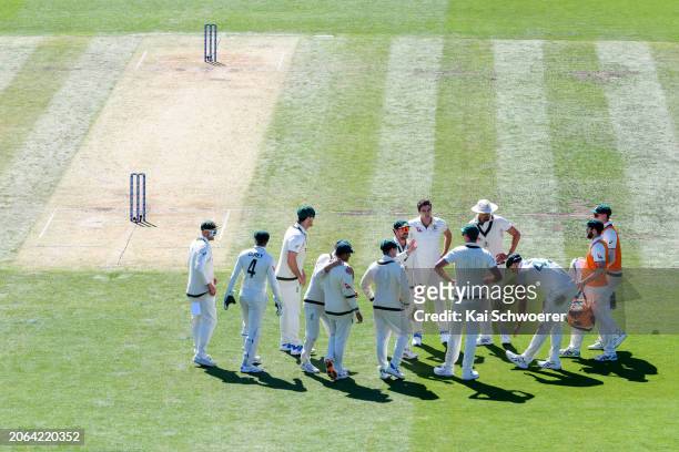 Travis Head of Australia speaks to his team mates during day three of the Second Test in the series between New Zealand and Australia at Hagley Oval...