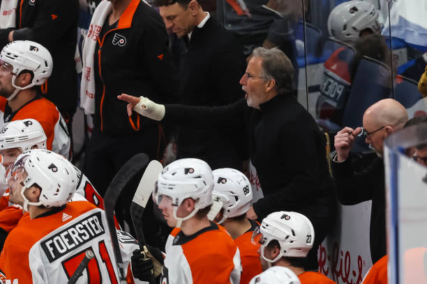 Head coach John Tortorella of the Philadelphia Flyers reacts to being ejected during the first period against the Tampa Bay Lightning at Amalie Arena...