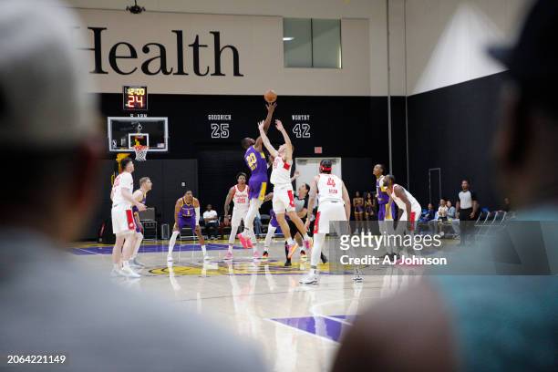 Tipoff during the game between the South Bay Lakers and Memphis Hustle on March 9, 2024 at UCLA Health Training Center in El Segundo, California....