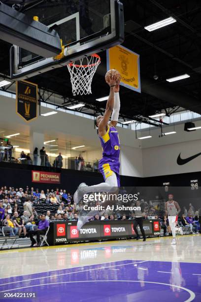 Shaquille Harrison of the South Bay Lakers lays it in during the game against the Memphis Hustle on March 9, 2024 at UCLA Health Training Center in...